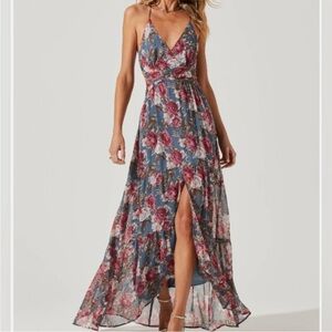 Astr The Label Slate Blue Frolic Floral Cutout Maxi Dress